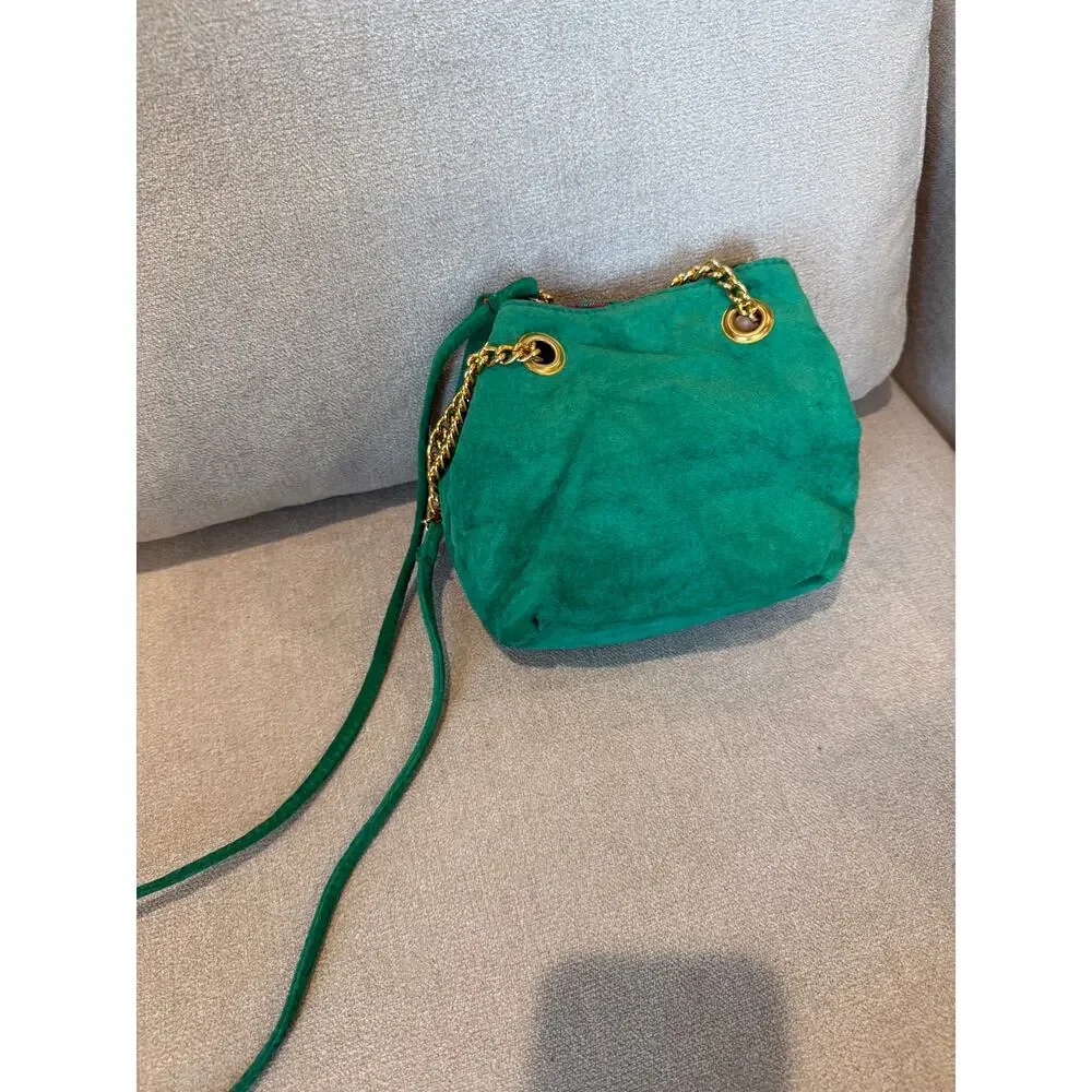 Nine West Crossbody Bag‎ Women Green Suede Drawstring Chain Strap Gold Hardware